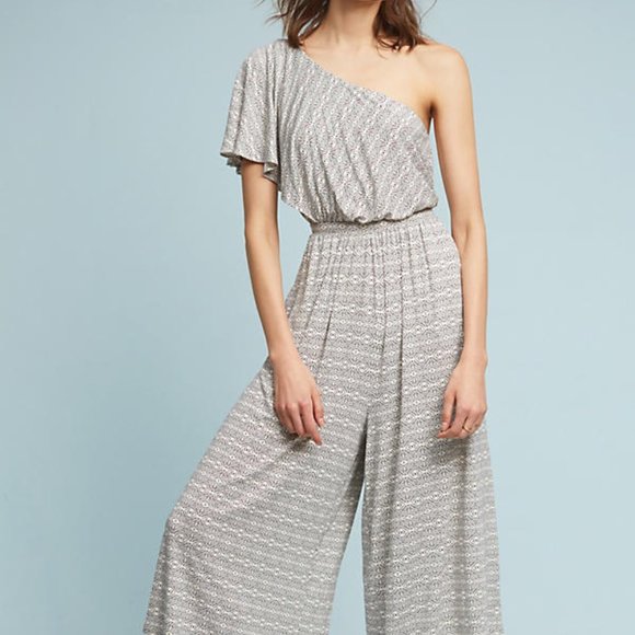 Anthropologie Maeve Jamie Ivory Print One Shoulder Ruffle Wide Leg Jumpsuit - Picture 2 of 3